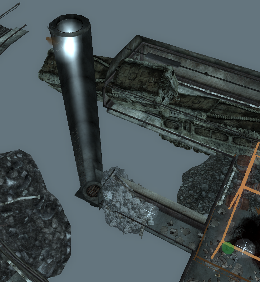 Fake sunlight and ladder "door" mesh still present, but never visible normally. The rubble has a much later Reference ID.