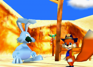Conker looks a bit confused in the company of a giant rabbit in Vulture Ville.