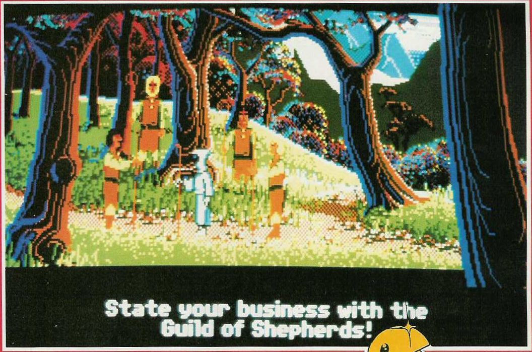 One of the Shepherds talking to Bobbin. In the final game only Bobbin has white text.