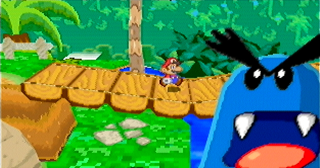 Mario walking along a log bridge with a Nep-Enut protruding from the water. Nep-Enuts are not present in the final game. Mario walking along a log bridge with a Nep-Enut protruding from the water. Nep-Enuts are not present in the final game.