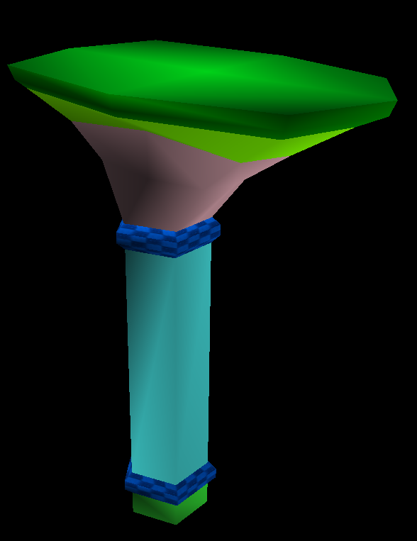 A tall pillar platform with a grassy top, purple rock, and a blue pillar color. The texture for its rims, the checkerboard, survived in the final game and is used in the Chao Race track. This object has a bounds issue in-game, often causing the player to fall through its top. Used in Acts 1 and 3. A duplicate of it exists in the data.