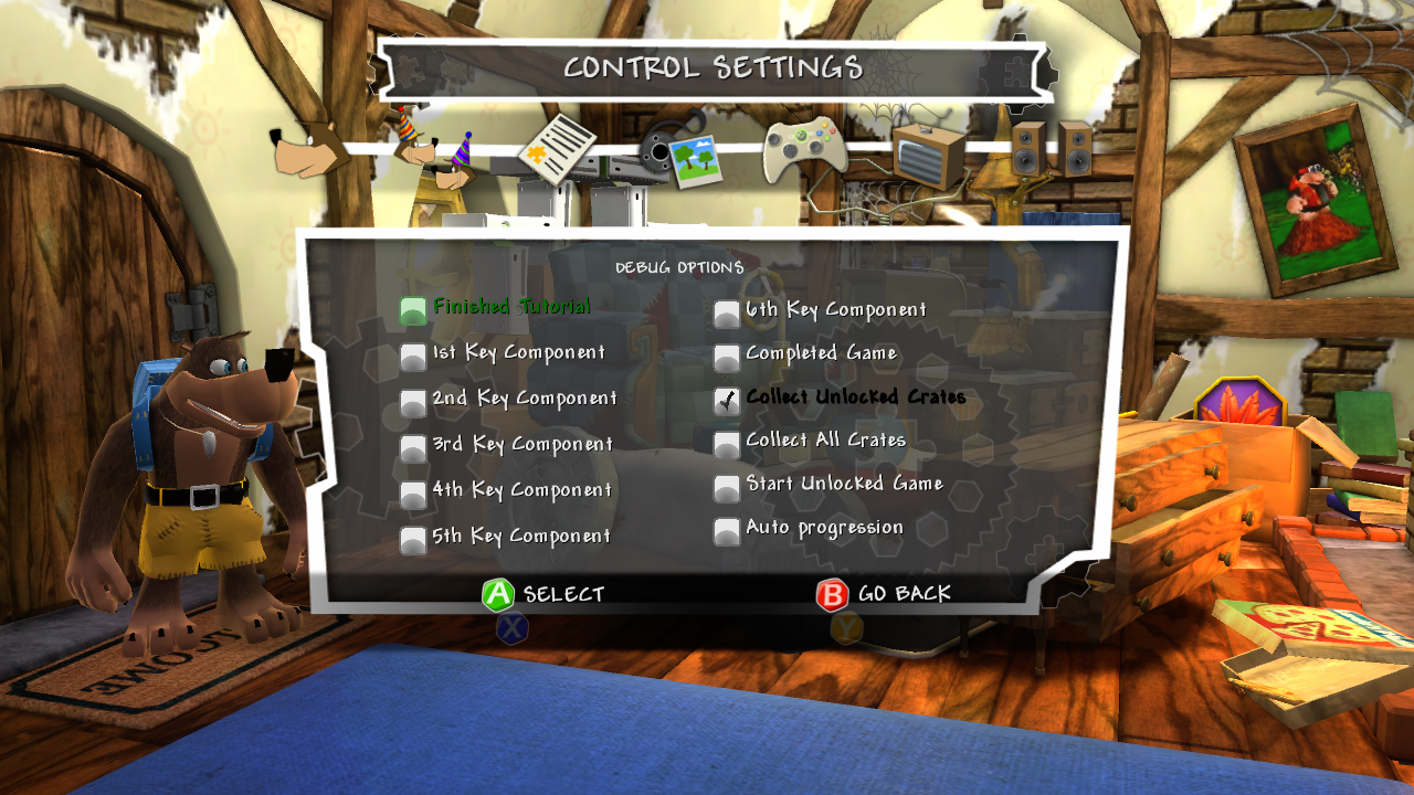 The debug menu on the main menu with all entries visible.