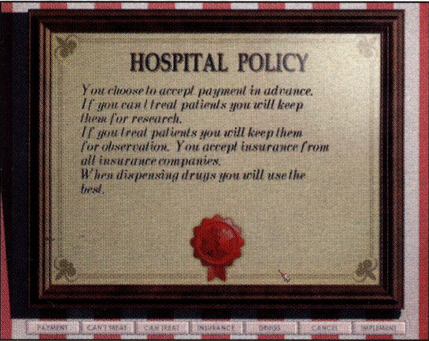 A different and much more complex Hospital Policy page. This version implies the financial side of the game was much more complicated as it was possible to reject patients paying via insurance/certain providers, as well as automatically "researching" uncurable patients and choosing what kind of drugs to give to patients.