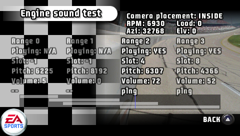 Engine Sound Test menu with RPM slider