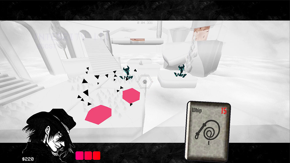 An early art test for Neon White with an unknown stage. The screenshot features a completely different HUD avatar and the scrapped whip card.