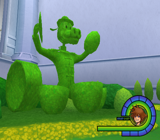 A topiary of Horace Horsecollar holding cymbals, never seen in-game, is in one corner of the courtyard. (Horace, himself, would appear in later games.) A topiary of Horace Horsecollar holding cymbals, never seen in-game, is in one corner of the courtyard. (Horace, himself, would appear in later games.)