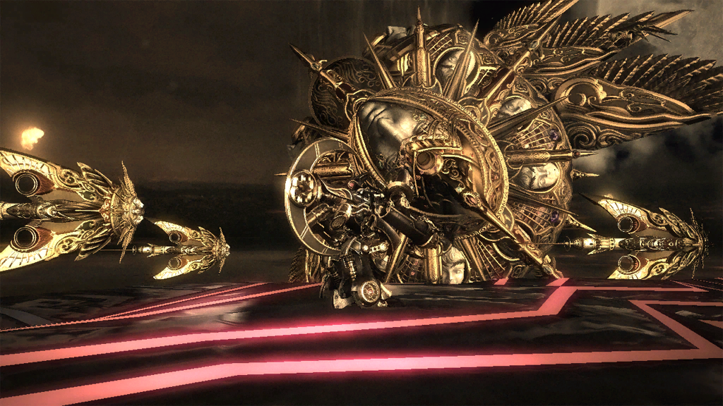 The camera is farther away and more eye-level with Bayonetta. The red lines on Insidious's back are already glowing, whereas in the final they start off dimmed.