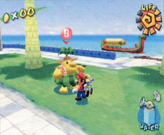 Page 20 of the North American manual shows a different boat in Delfino Plaza. The Pianta beside Mario is yellow rather than orange.
