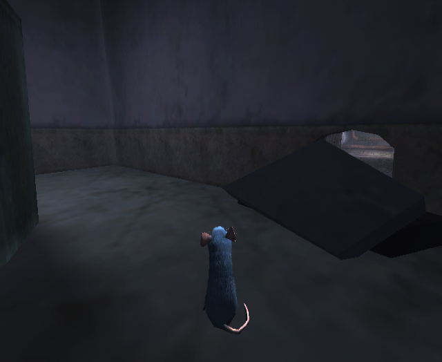 Although the path back to the hub is blocked by falling rubble once Remy enters Paris Streets, it turns out there's a good bit of extra detail in this room beyond the rat hole that likely comes from an earlier point of development. Here, we can see that the large metal door is missing.