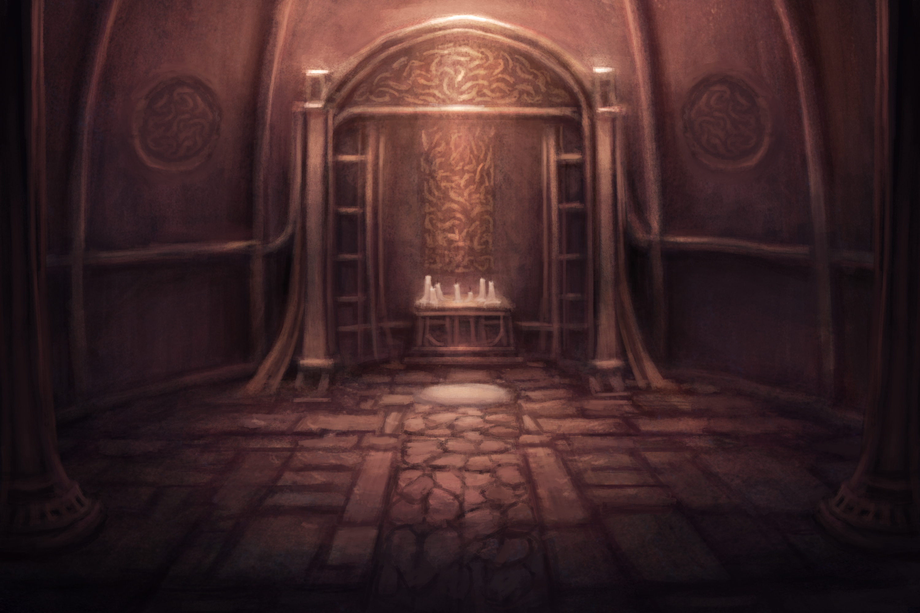 Concept art of a shrine in the Inner Sanctum.