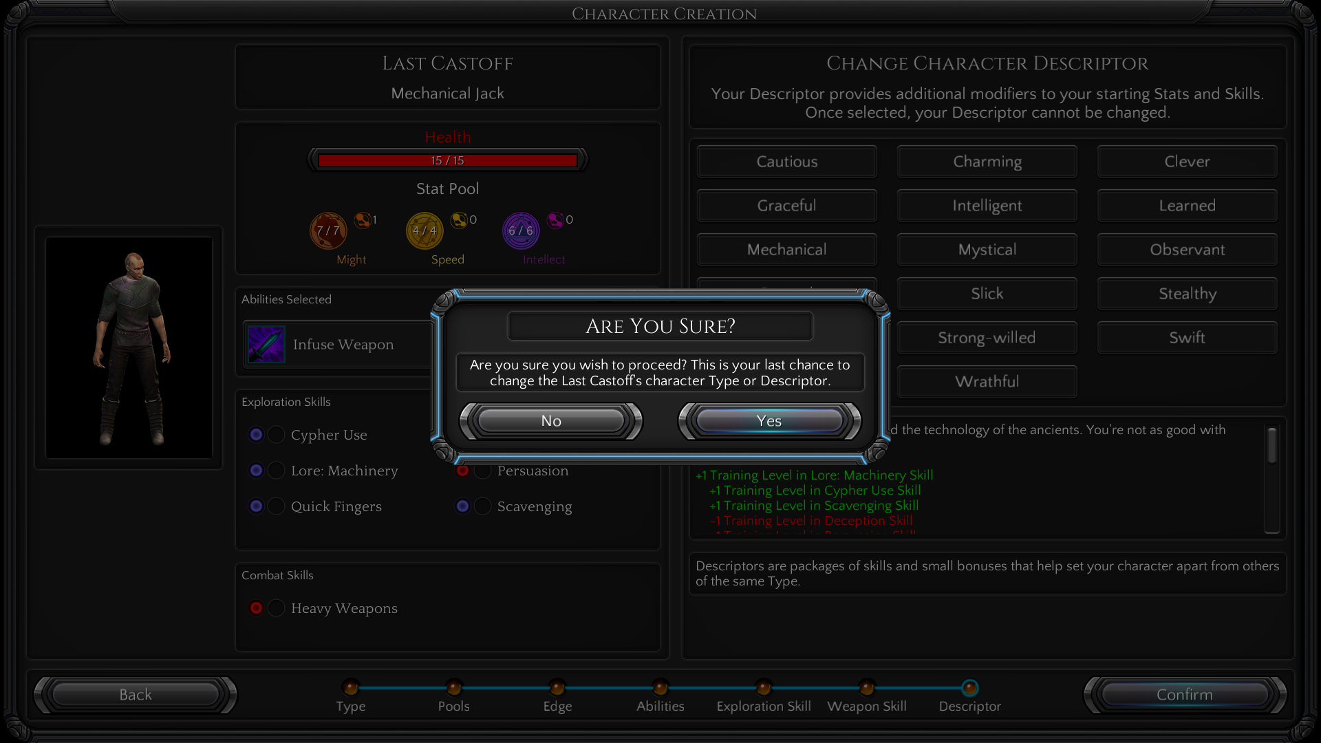 Last Castoff - character creation confirmation