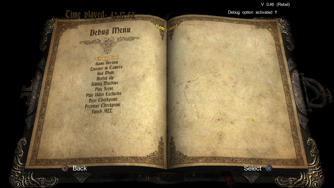The options list of the Debug Menu. The options list of the Debug Menu.