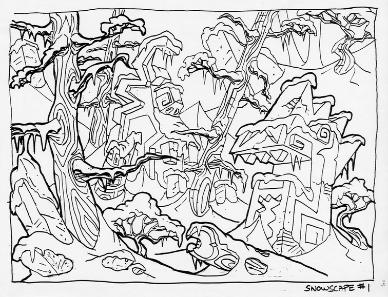 Concept art of an unused snow level (This idea was later used in Cortex Strikes Back) Concept art of an unused snow level (This idea was later used in Cortex Strikes Back)