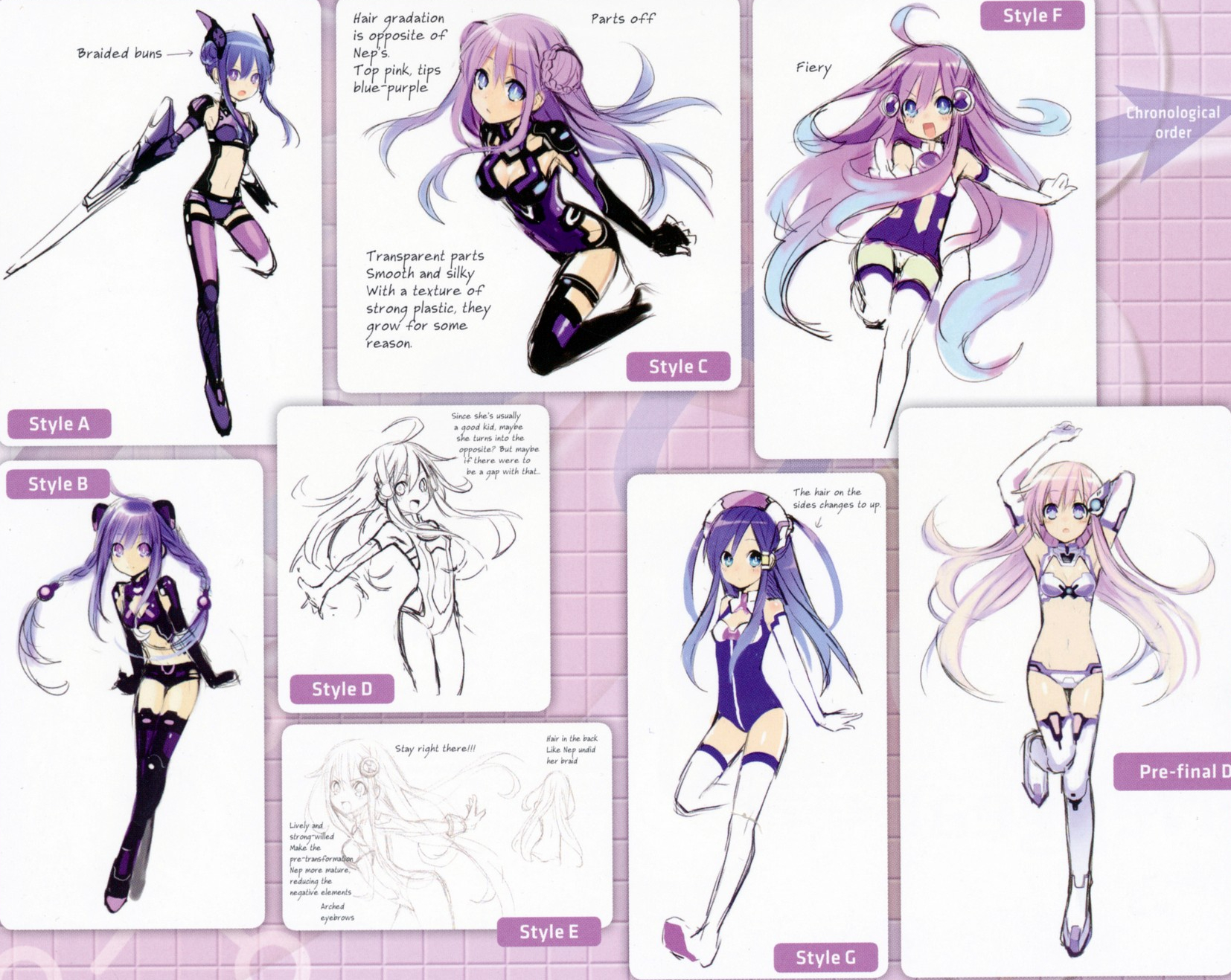 She originally looked like a younger version of Purple Heart, from the braided buns, to the black with purple accents jumpsuit, to the blue eyes with purple hair. Her other designs depicted her in a nurse-like outfit, as well as her jumpsuit being fully purple instead of white with purple accents. She was portrayed as confident and easygoing compared to her normal form, while her final personality would be identical to her normal self, if a bit more assertive. Her pre-final design was a white version of her Lilac mk2 processor. She originally looked like a younger version of Purple Heart, from the braided buns, to the black with purple accents jumpsuit, to the blue eyes with purple hair. Her other designs depicted her in a nurse-like outfit, as well as her jumpsuit being fully purple instead of white with purple accents. She was portrayed as confident and easygoing compared to her normal form, while her final personality would be identical to her normal self, if a bit more assertive. Her pre-final design was a white version of her Lilac mk2 processor.