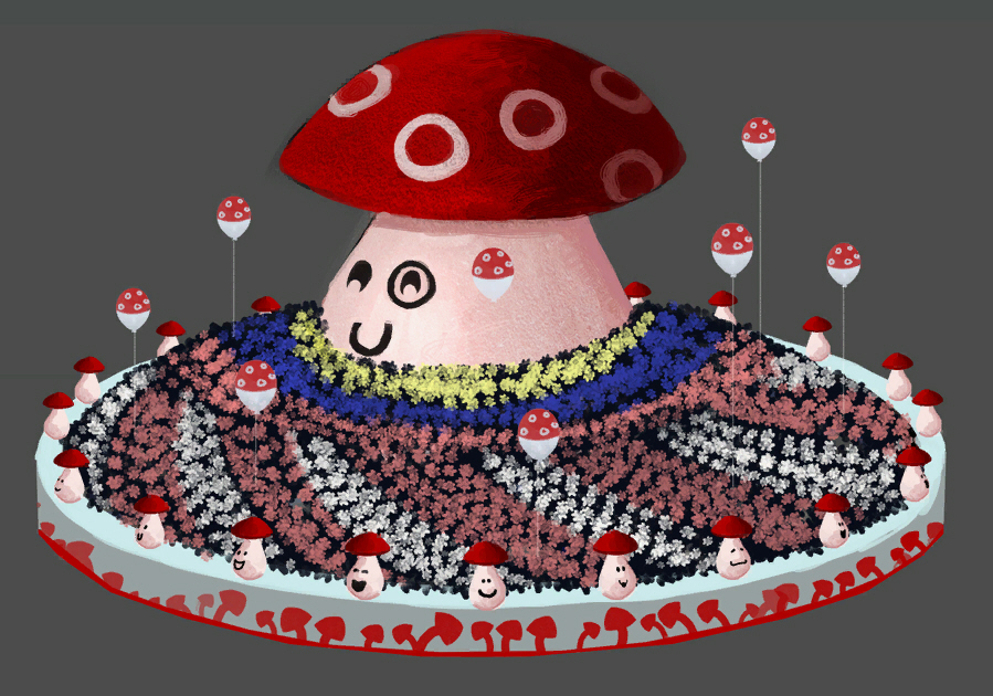 A mushroom float. A mushroom float.