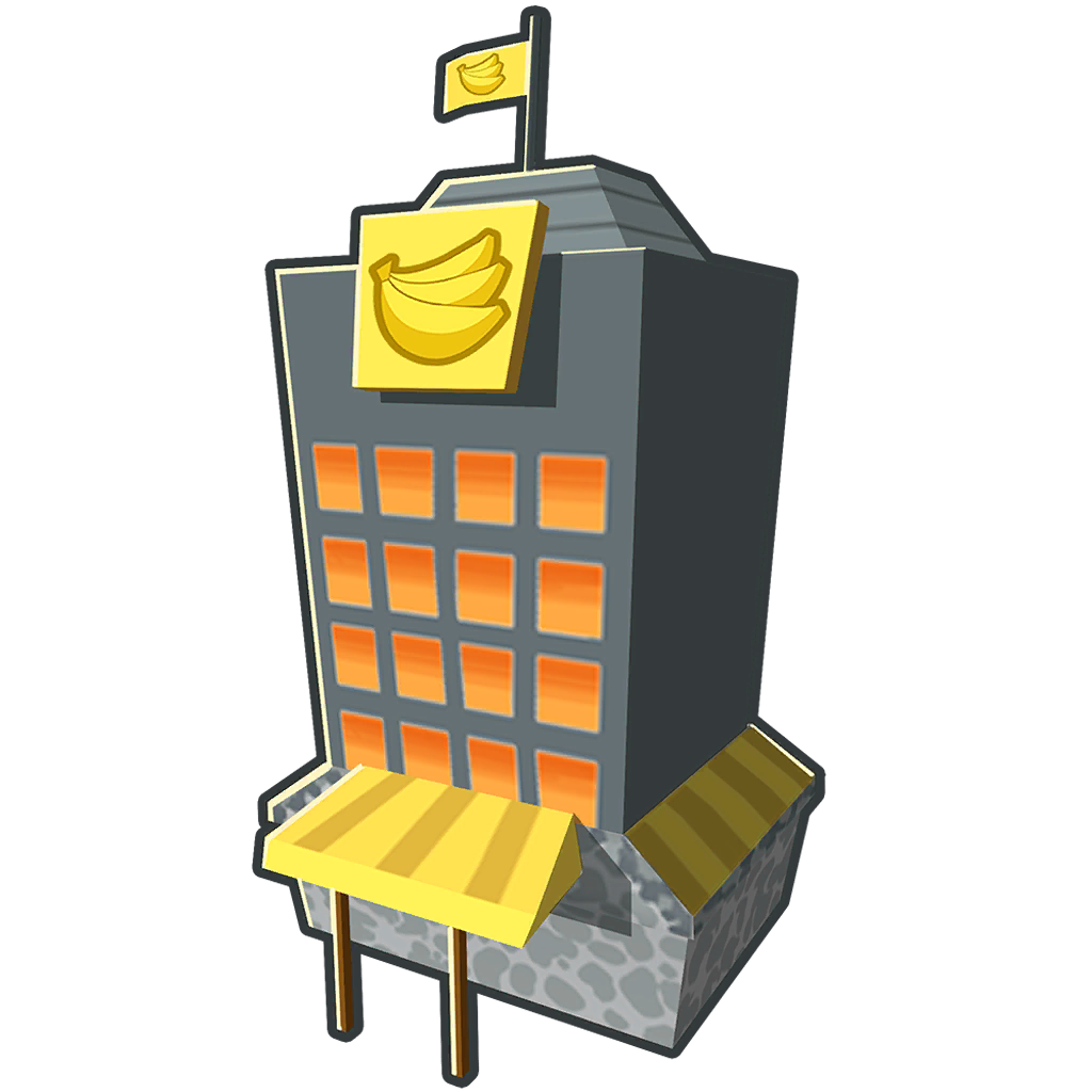 Unused version of 0-5-0 Banana Farm Tower Icon, shows a completely different design approach, the building is a darker shade of gray, there is 4 rows of windows instead of 1 large row, the building is much taller, the bottom of the building is textured differently as well as not having an entrance, and the top of the building does not have windows, lastly, the flag has a banana on it and is yellow instead of orange.