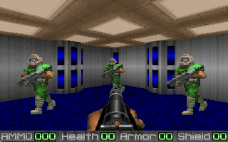 View of E1M9's spawn point. Notice the 3 marines. View of E1M9's spawn point. Notice the 3 marines.