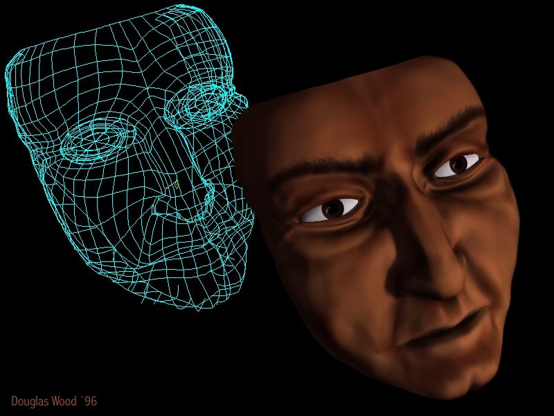 Render of Prey of Earth's face seen with wireframe and phong-shading by artist Douglas Wood from July 1996.