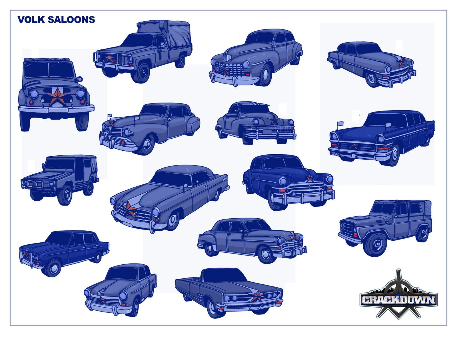 Concept art of various different Volk vehicles.