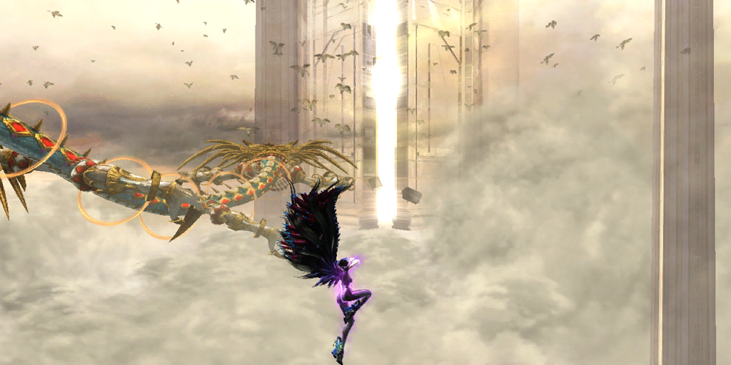 The lighting appears unfinished and is less saturated. The Gates of Paradiso's model is a placeholder or unfinished; it lacks the angelic text upon it. There is also a strange pillar on the right side of the image. Lastly, the floating islands are missing from the background.