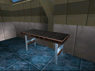 CI Desk A dark wood desk with a bluish metal frame. CI Desk A dark wood desk with a bluish metal frame.