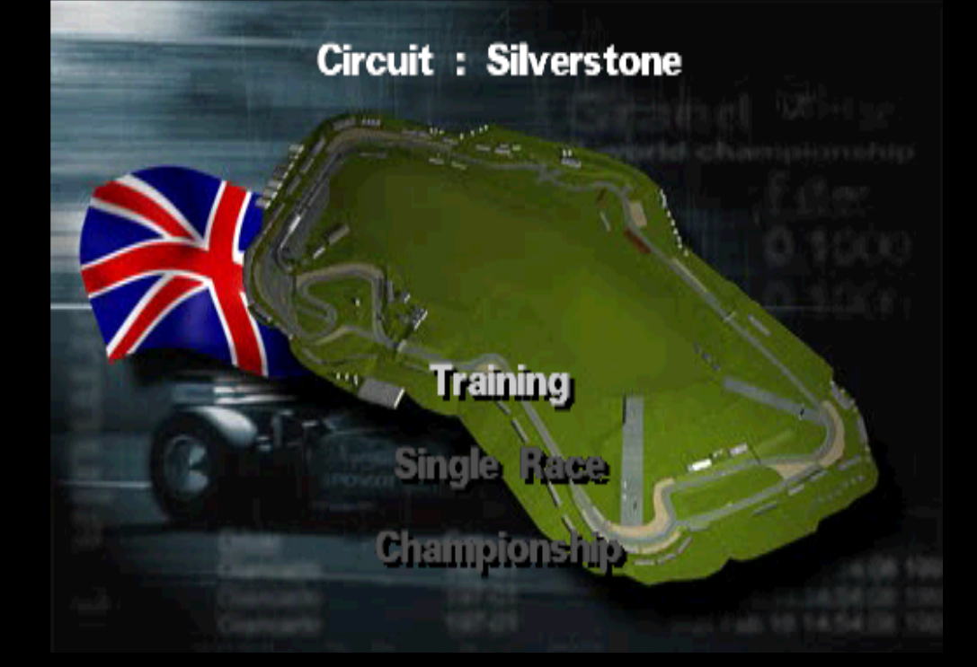 Circuit and race type selection screen. Only Silverstone and Nürburgring are available in Grand Prix mode.