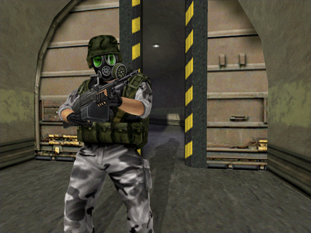 Adrian Shephard standing behind a metal door, holding the SAW. Adrian Shephard standing behind a metal door, holding the SAW.