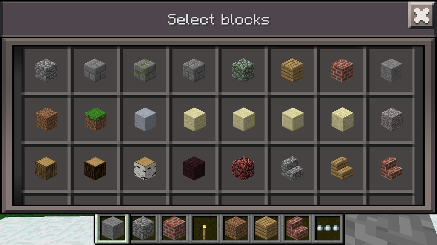 MCPE-Feb82013Build-TouchscreenMode-CreativeBlockSelectionScreen.png
