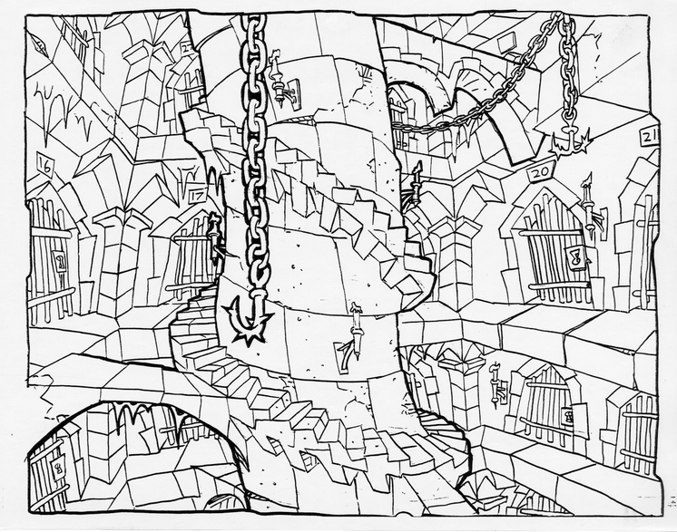 Concept art of an unused dungeon level. Concept art of an unused dungeon level.
