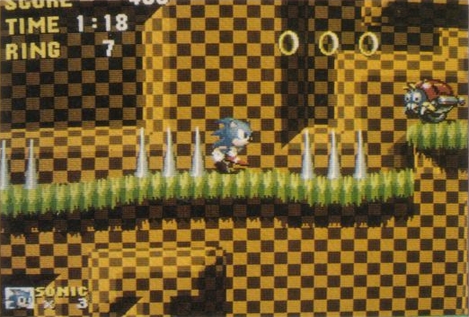 An extra Motobug is visible to the right of the platform; it would be moved even further to the right of the map in the final game.