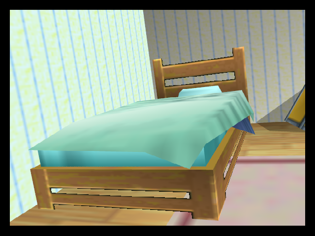 The bed is largely complete, but the left half remains out of view since the camera never moves far enough to show it.