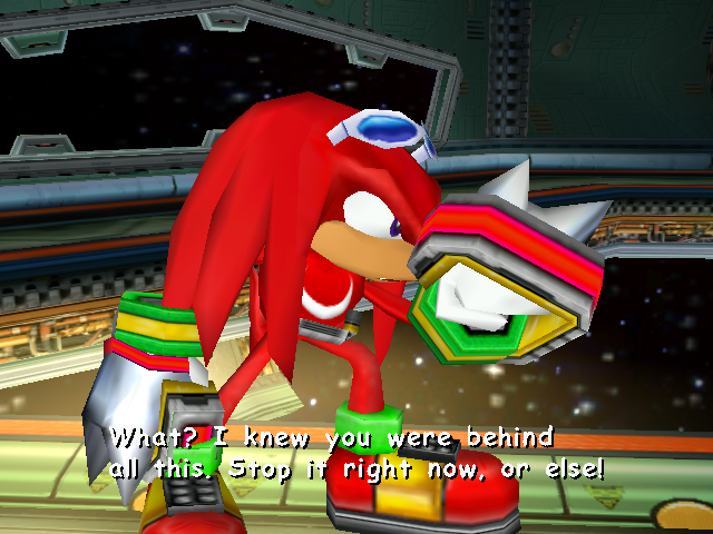 E0203. Knuckles sports the old sunglasses model and the full version of his Hammer Gloves. E0203. Knuckles sports the old sunglasses model and the full version of his Hammer Gloves.