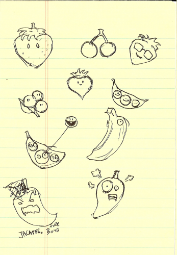 More early sketches of plants featuring an expressionless strawberry, a cherry without a face which probably became Cherry Bomb, another strawberry but with sunglasses, a plant which has some sort of fruits on a leaf that looks similar to Holly Barrier from PVZ2, the turnip seen from the early build, pea pods, which probably became the variants of the peashooter, a banana, and 2 different versions of a Jalapeno.