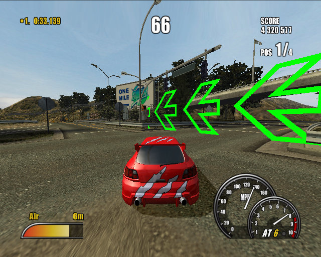 A screenshot of a Burnout 2 Demo with the green arrows from Burnout.