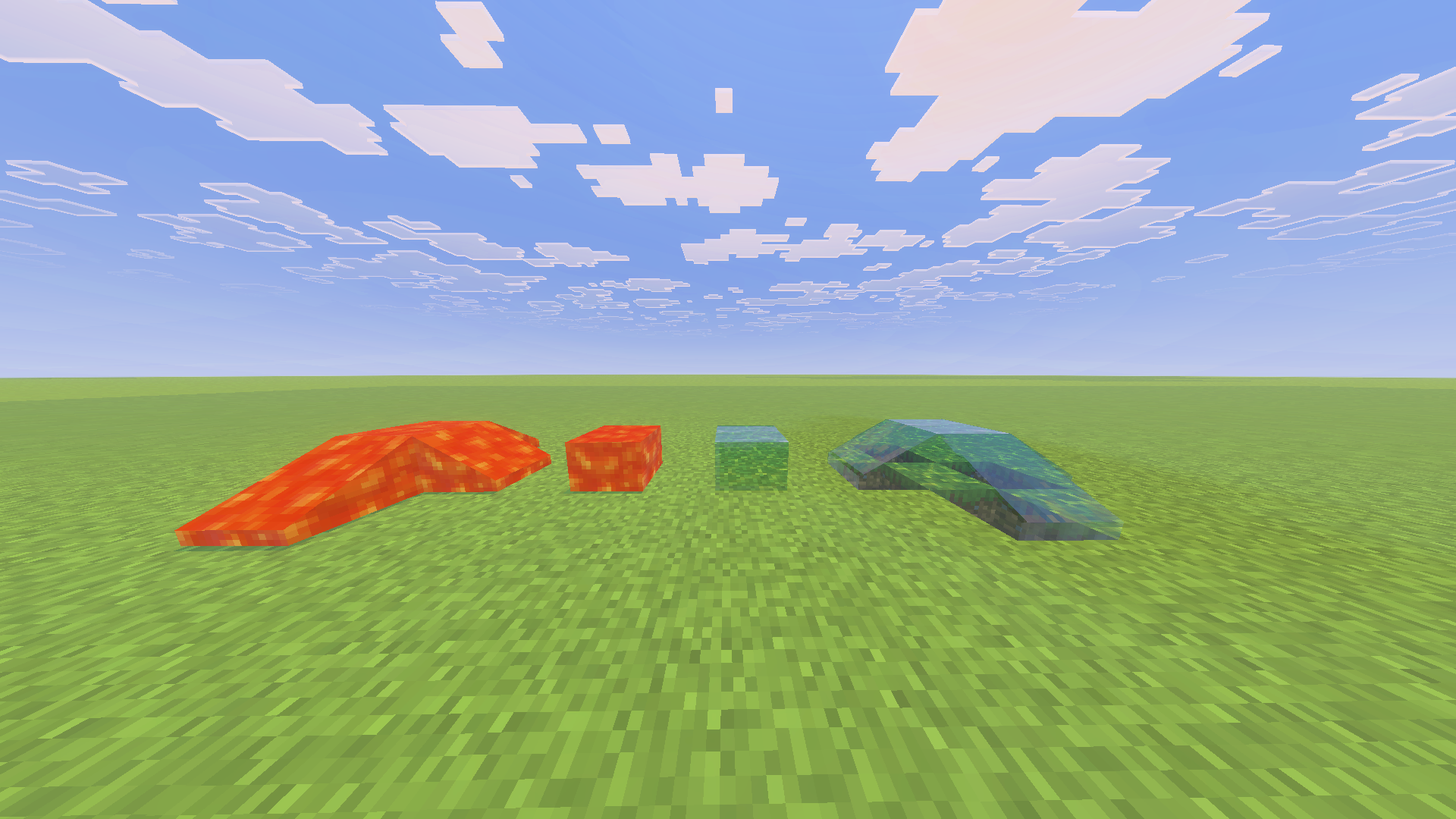 Screenshot showing the static water and lava blocks next to their flowing counterparts.