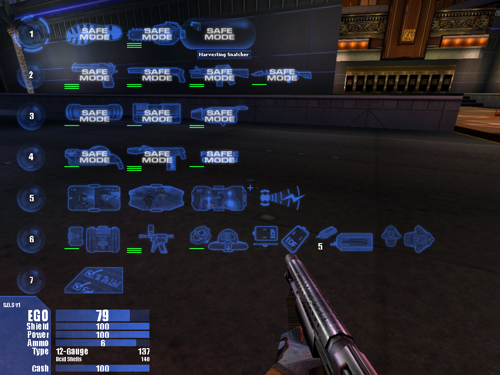 The bugged Snatcher grapple in the August 2001 prototype, showing the "Harvesting Snatcher" in the player's inventory, lack of Snatcher on the screen, and weapon selection being locked. The bugged Snatcher grapple in the August 2001 prototype, showing the "Harvesting Snatcher" in the player's inventory, lack of Snatcher on the screen, and weapon selection being locked.