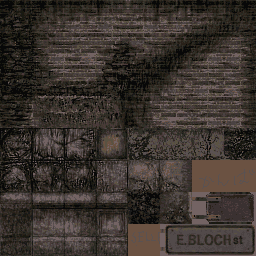 (File: THR3701F.TIM) Very faint text in the solid orange regions. The top one could be short for かんばん, Japanese for "sign" or "billboard." The bottom one is "S.ELL," probably short for S. Ellroy St.