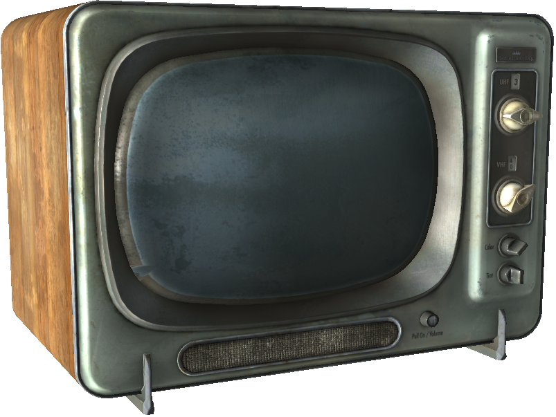 Unused high-resolution TV with no polygons on the back. Possibly intended for an introductory cutscene similar to the one in Fallout 1. It was only used in the 2008 E3 Trailer, playing pre-War commercials in the ruins of a house to showcase the post-apocalyptic feel of the game. The TV was later reused in Fallout: New Vegas, this time with additional polygons on the back. Unused high-resolution TV with no polygons on the back. Possibly intended for an introductory cutscene similar to the one in Fallout 1. It was only used in the 2008 E3 Trailer, playing pre-War commercials in the ruins of a house to showcase the post-apocalyptic feel of the game. The TV was later reused in Fallout: New Vegas, this time with additional polygons on the back.