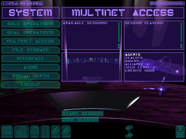 Multinet Access. An early version of the multiplayer screen. This has a very different layout to the final game. There are three team choices unlike the final game, with the cut Unguided faction selectable as "Bikers" (an early name for their faction). Tech and money levels are also placed inside the same UI box rather than with their own dedicated sliders like the final game. There are also a pair of options marked "Solo Operations" and "Dual Operations". It's not apparent what they would do other than something to do with single player vs cooperative modes? Multinet Access. An early version of the multiplayer screen. This has a very different layout to the final game. There are three team choices unlike the final game, with the cut Unguided faction selectable as "Bikers" (an early name for their faction). Tech and money levels are also placed inside the same UI box rather than with their own dedicated sliders like the final game. There are also a pair of options marked "Solo Operations" and "Dual Operations". It's not apparent what they would do other than something to do with single player vs cooperative modes?