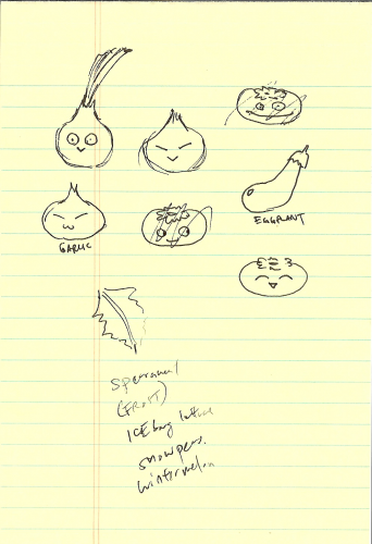 Once more, there is early plant concepts. There appears to be another onion, 2 different designs of the Garlic, 2 scrawled out tomatoes with one not scratched out, an eggplant which probably turned into chomper later on, a spearmint, and test that reads "Spearmint (frost), Iceberg lettuce, Snow peas, and Winter melon."