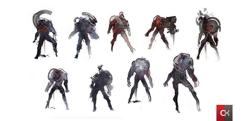 These represent a very early attempt to visualise some of the narrative themes and embody them through the enemy design. Unfortunately these portrayed a very literal translation of the opening car crash sequence as opposed to exploring the underlying themes that ran throughout the narrative. The direction was subsequently pivoted towards a concept with roots more familiar to what you see in game now.