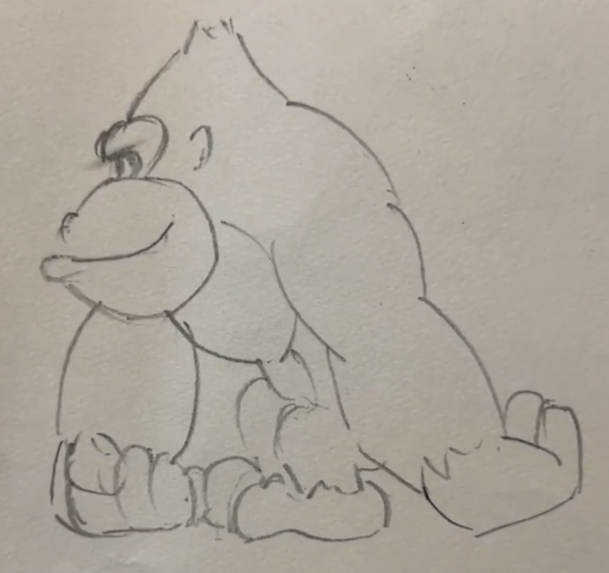 This is the first drawing of Donkey Kong done by Kevin Bayliss who would go on to design most of the cast in Donkey Kong Country. This is the first drawing of Donkey Kong done by Kevin Bayliss who would go on to design most of the cast in Donkey Kong Country.