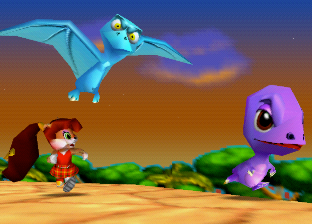 A blue pterodactyl swoops down on Berri and her Dinosaur companion with this pterodactyl likely being the one mentioned in the "Shoot the Pteradactyl" objective.