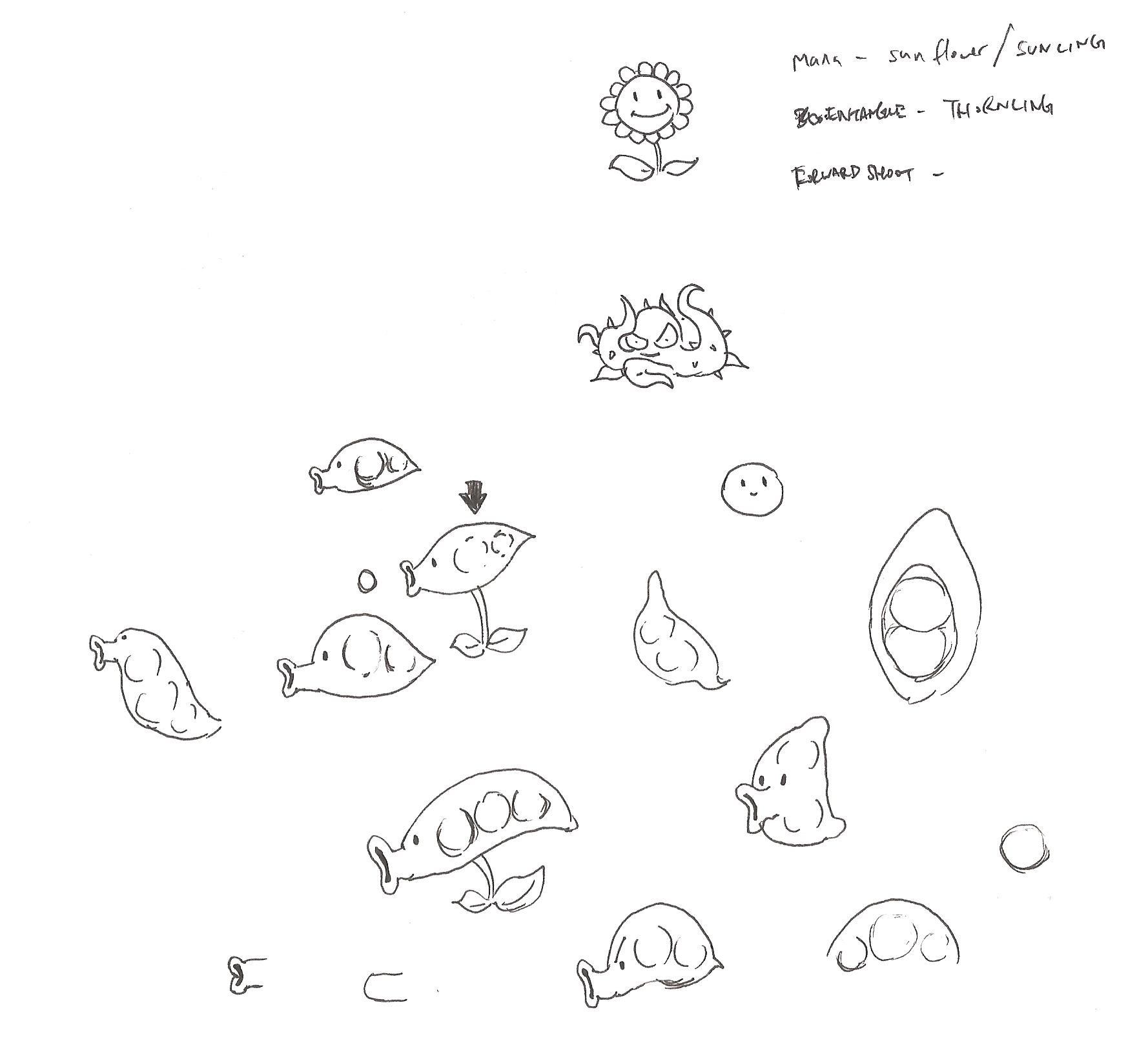 Some Peashooter designs including another early sunflower, and possibly tangle kelp. The Peashooter's pod design would later be made into the Peapod in the game's sequel.