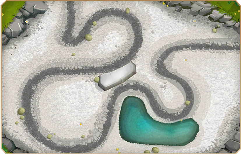 Streambed. Rougher than final. There is a more rocky separation between the grass and gravel, the water is darker, and the dinosaur skeleton is entirely absent, with the removable skull being a rock in this version.