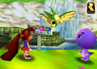 Berri and her dinosaur companion look up at Knowit, the Owl.
