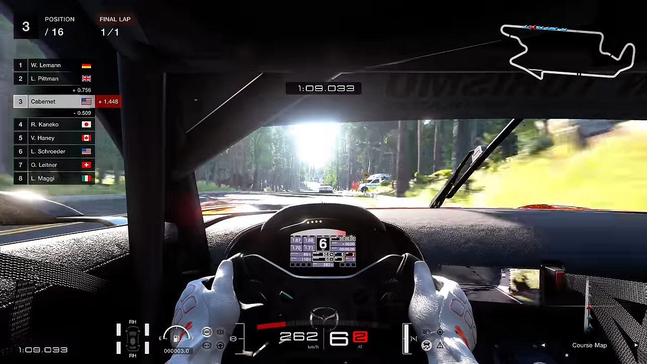 In-race HUD, mostly unchanged from GT Sport. There's also no opponent car name indicator yet. In-race HUD, mostly unchanged from GT Sport. There's also no opponent car name indicator yet.