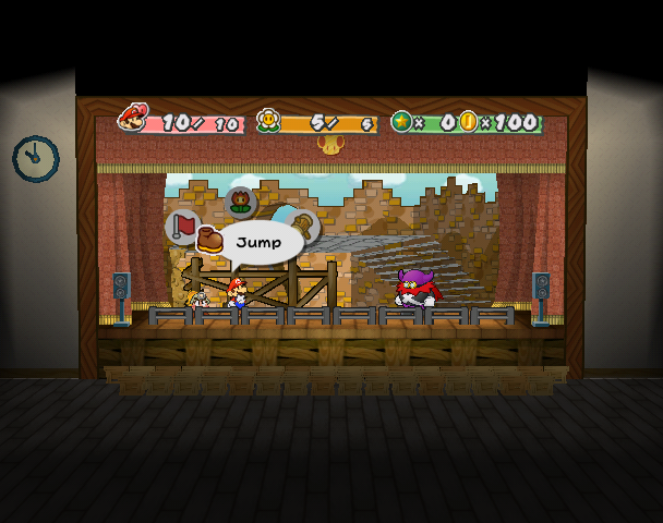 The theater has a floor which can be seen only during the Hooktail fight. A clock is on the left wall near the stage; part of it is visible during Hooktail's brief death animation.