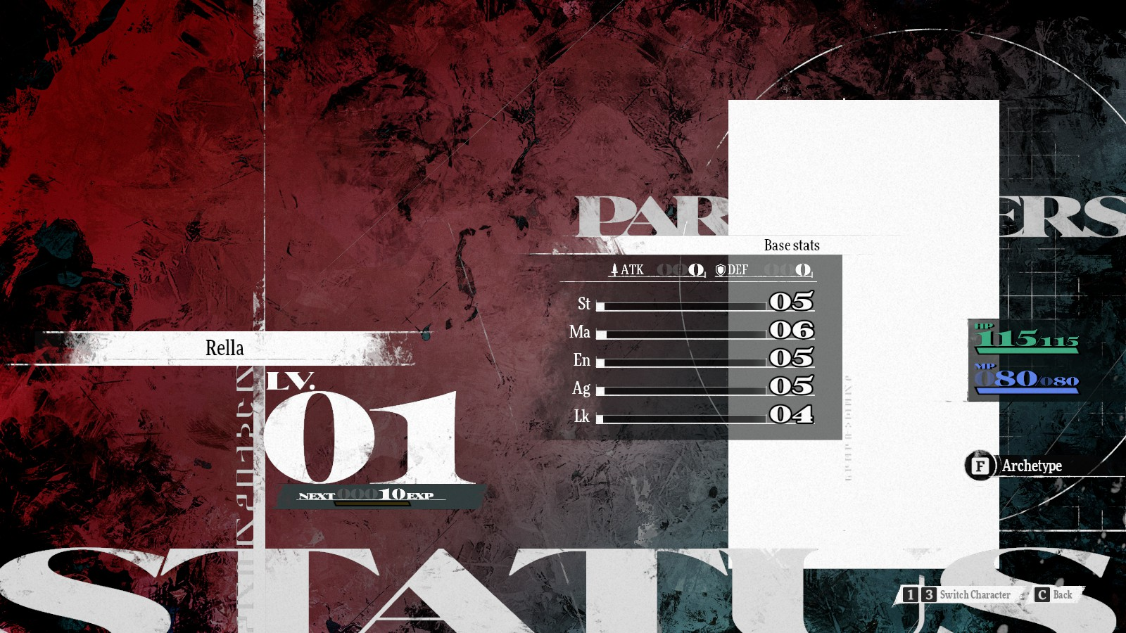 Rella's status screen.