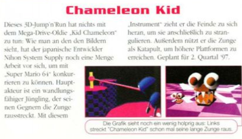 A Man!ac 39 magazine page featuring the tech demo renders and the early name. It also features an early fly enemy.